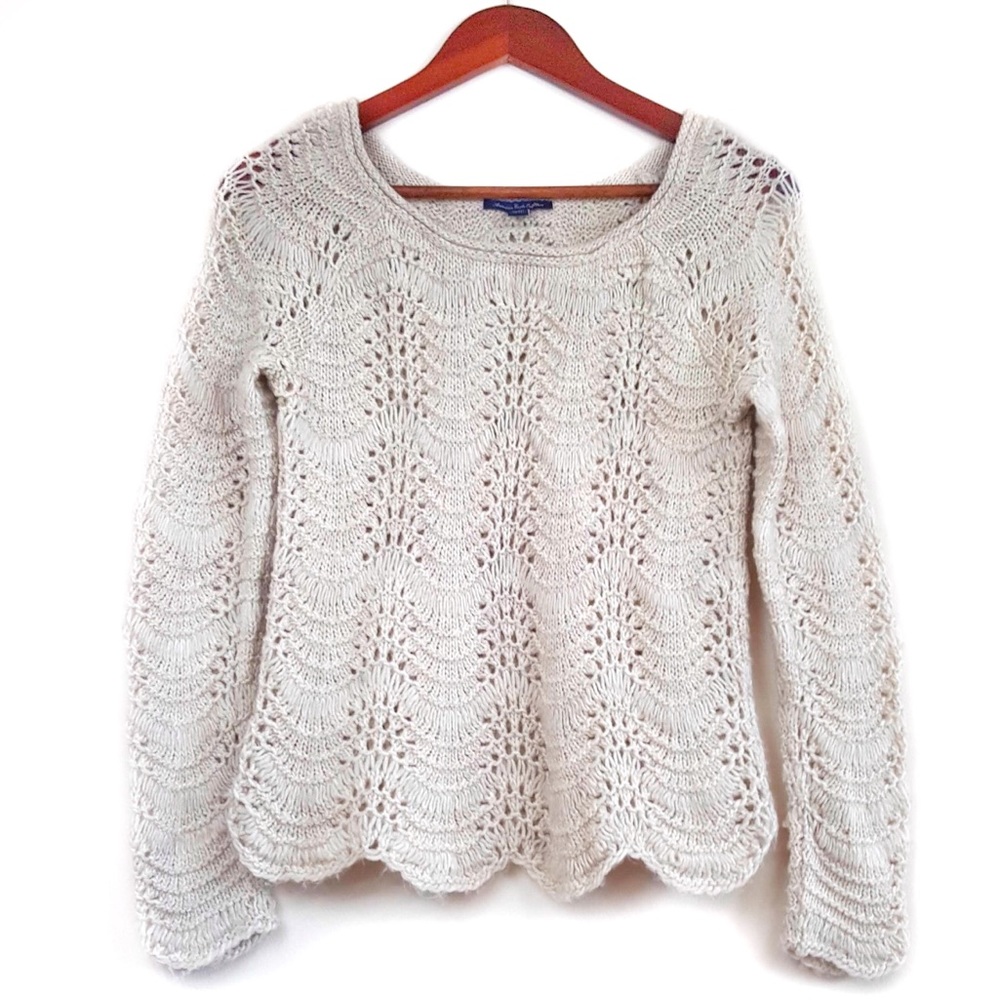 AEO Cream Scalloped Open Knit Fuzzy Sweater XS